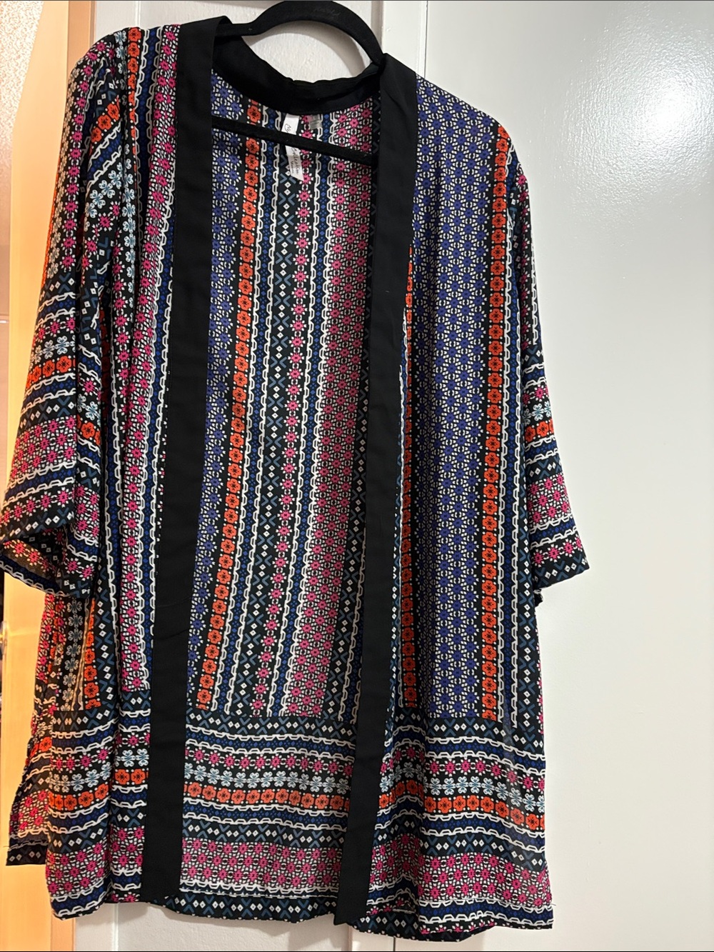 NY Collection Striped Open-Front Kimono Cardigan - Navy, Pink & Orange